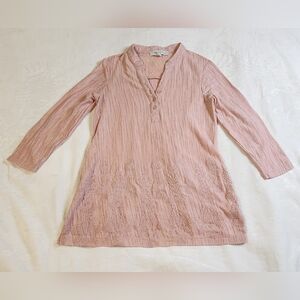 Fever Pink Long Sleeve Boho Tunic Top With Embroidered And Lace Details, Small